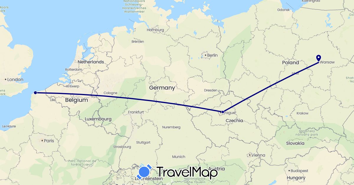 TravelMap itinerary: driving in Czech Republic, France, Poland (Europe)